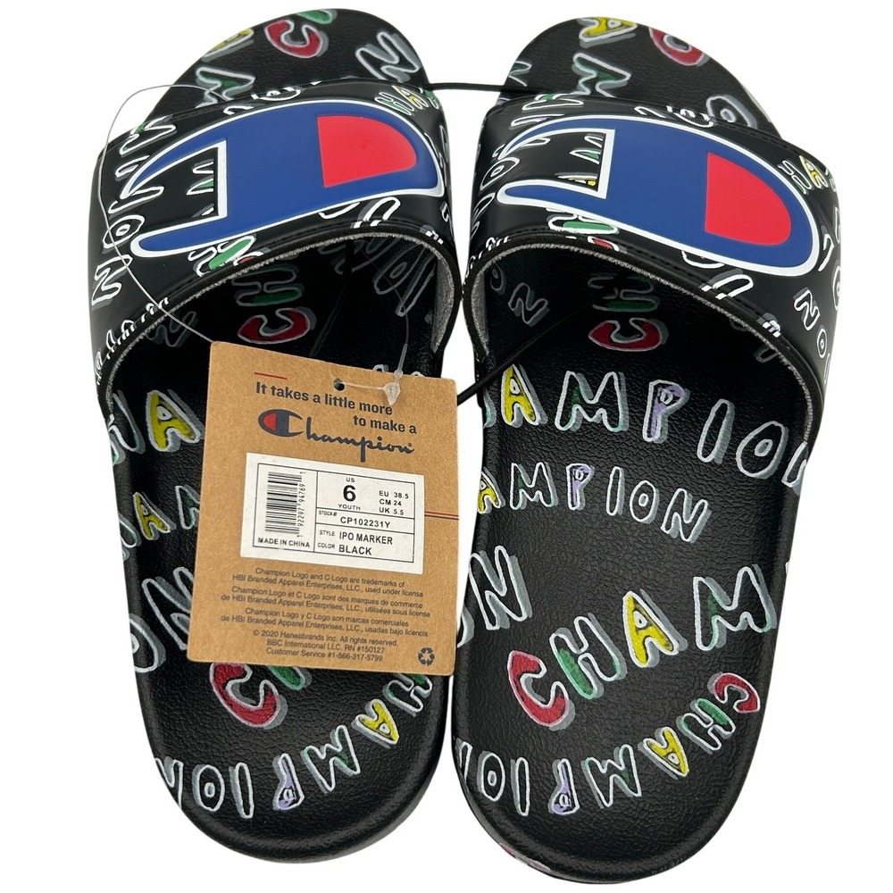 Champion IPO Marker Slides Youth Size 6 Black NWT All Over Print Sandals